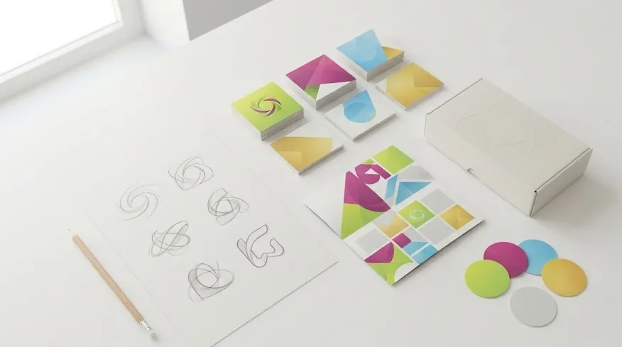 Brand identity flat lay with business cards, brochure, packaging and logo sketches