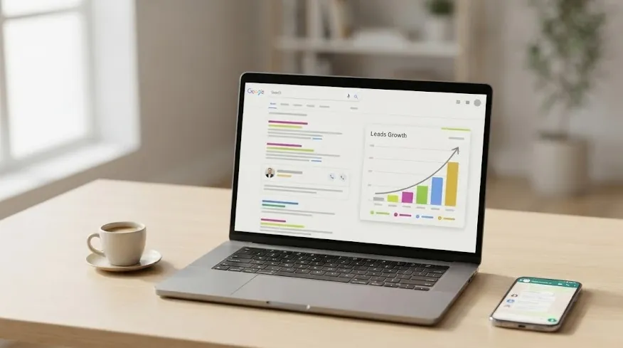 Laptop showing search results and a rising leads graph beside a phone with a WhatsApp business chat