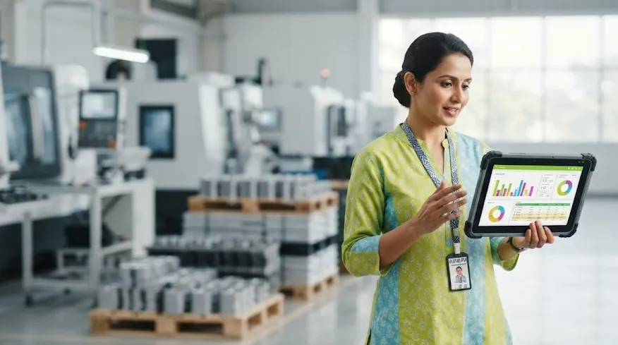 Factory manager using a tablet with inventory and production dashboards