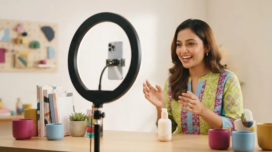 Content creator filming a product reel on a smartphone with a ring light