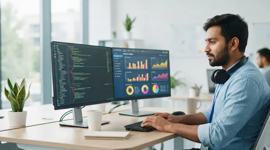 Software developer working on code and a business dashboard across two monitors